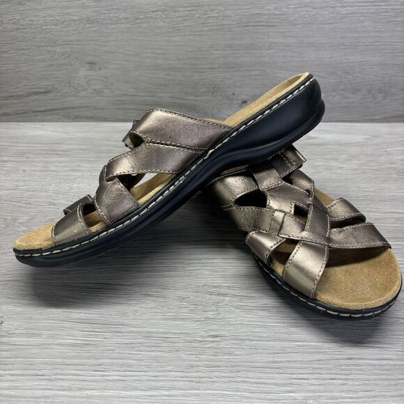 Clarks Collection Leisa Sz 9.5W Brown Metallic Leather Adjustable Straps Sandals - Picture 3 of 12